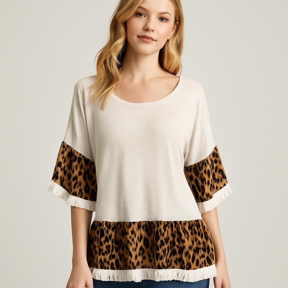 Umgee USA Leopard Print Ruffle Hem Tunic Top Large | Boho Fall Winter Blouse - Picture 2 of 9